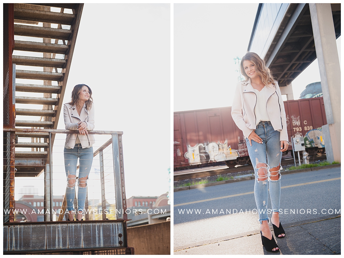 Urban Downtown Tacoma Senior Portrait Session with Cool Senior in Ripped Jeans & Jacket by Tacoma Photographer Amanda Howse