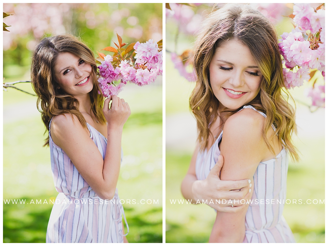 Beautiful Senior Portraits in Wright Park Smelling the Cherry Blossoms by Photographer Amanda Howse
