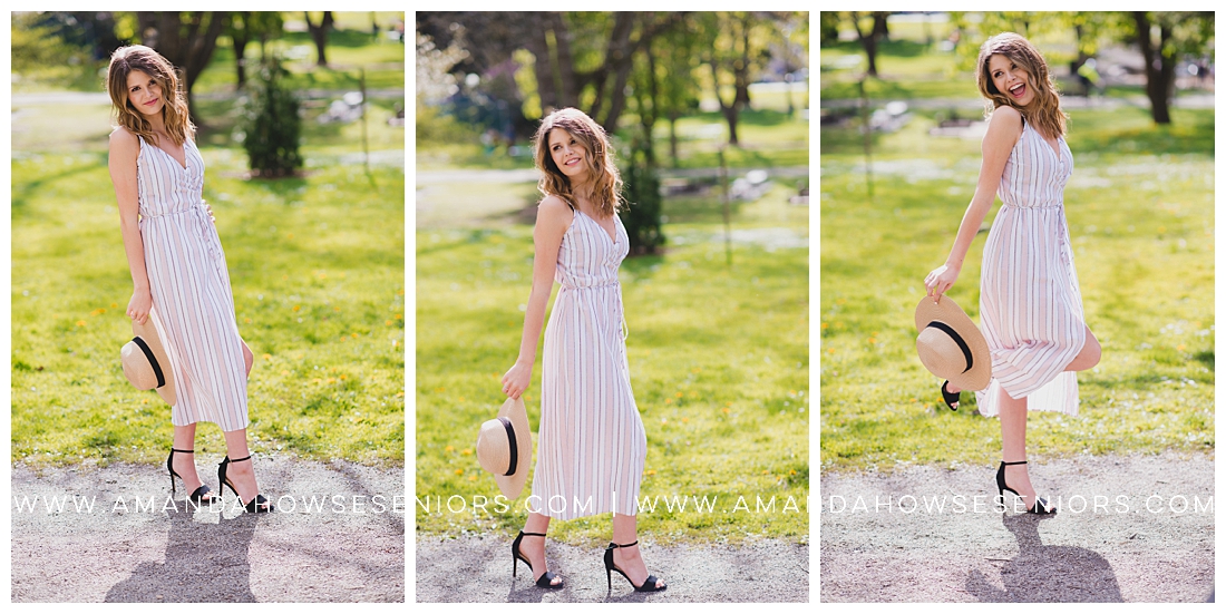 Summer Senior Portraits with Sunshine, Long White Dress, and Hat in Wright Park by Tacoma Senior Photographer Amanda Howse