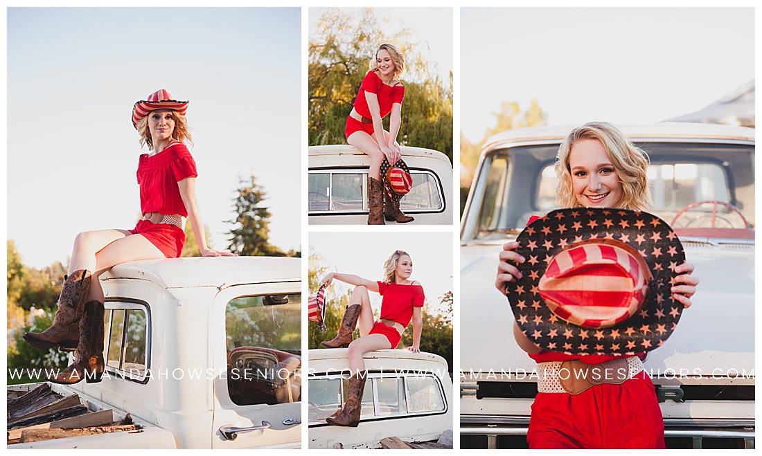 Bold Senior Portraits with Red Romper and American Cowboy Hat Photographed by Tacoma Portrait Photographer Amanda Howse