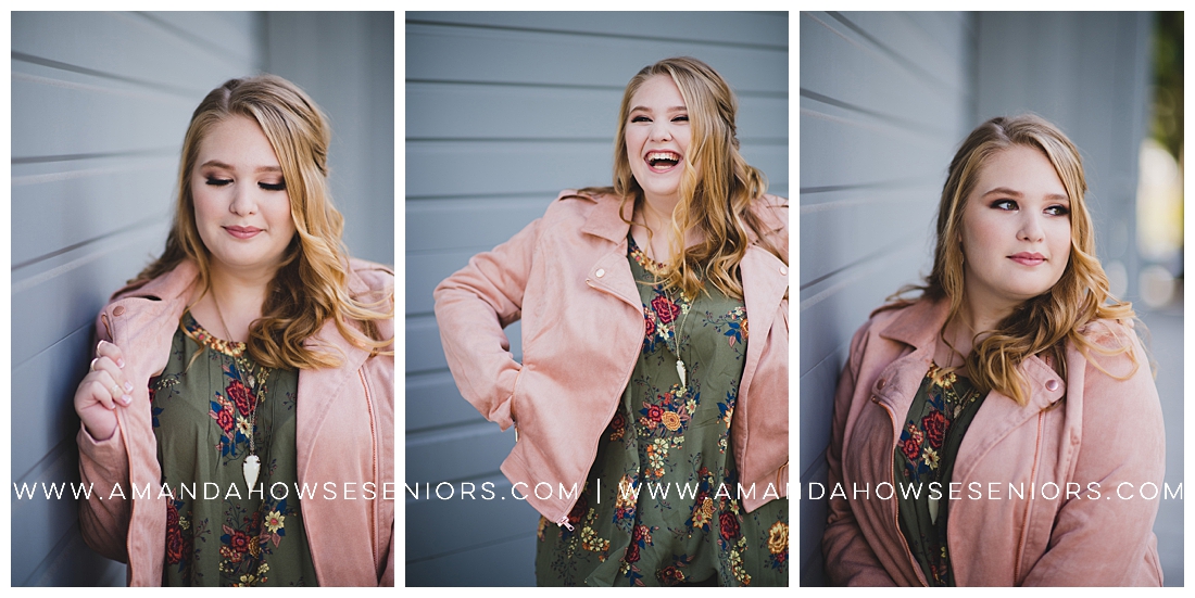 Candid & Fun Senior Portraits with Blush Jacket and Urban Setting Photographed by Tacoma Senior Photographer Amanda Howse