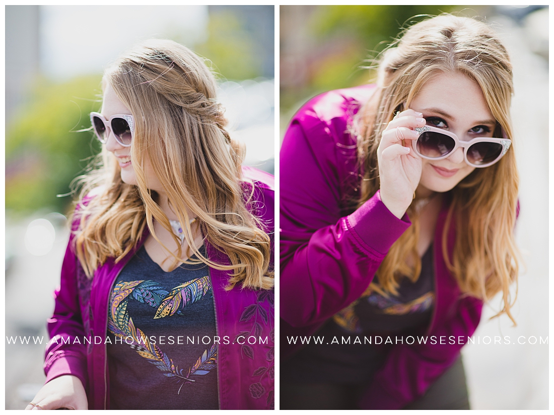 Fun and Unique Senior Portraits in Downtown Tacoma with Purple Jacket, Heart Shirt and Sunglasses Photographed by Tacoma Senior Photographer Amanda Howse