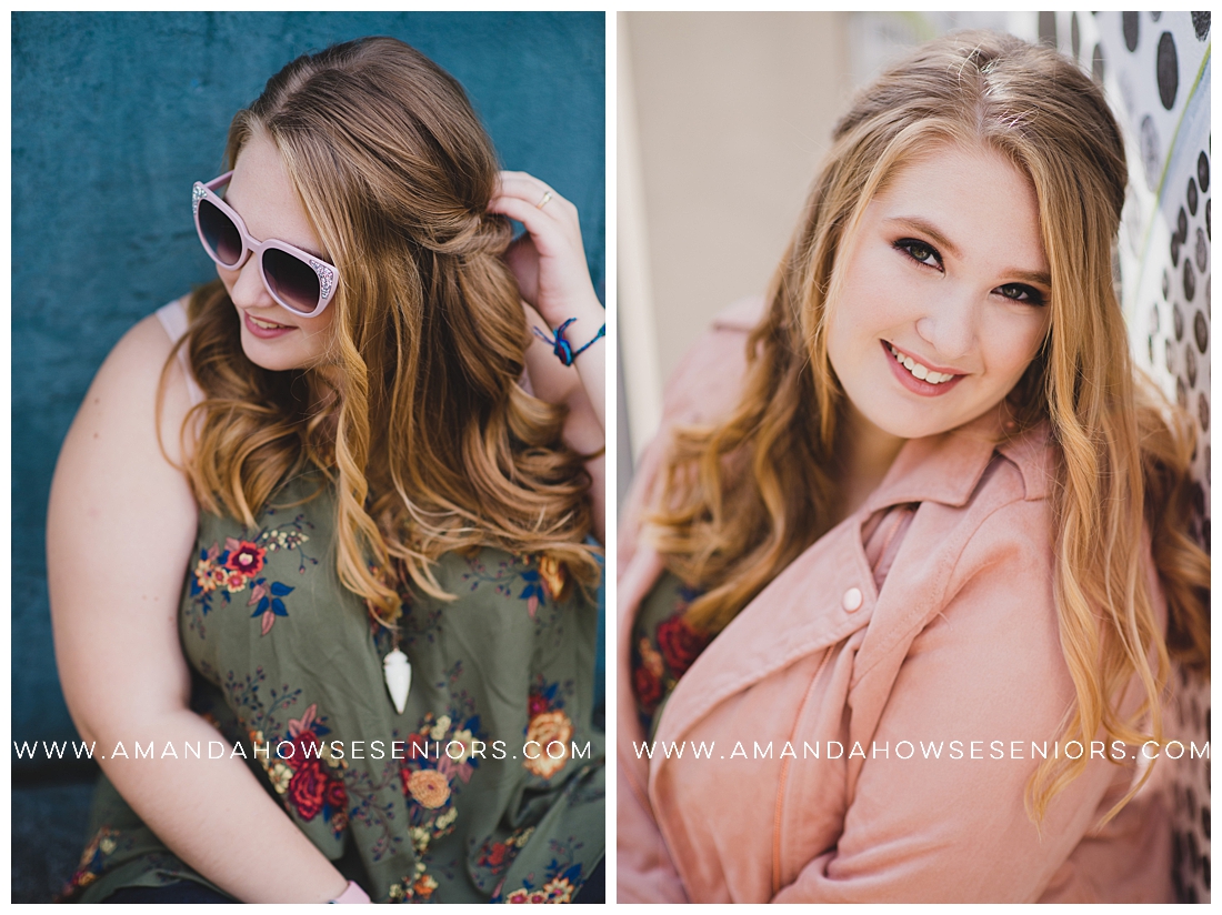 Cute Senior Portraits in Downtown Tacoma with a Floral Blouse & Pink Jacket in Front of Colorful City Walls Photographed by Tacoma Senior Photographer Amanda Howse