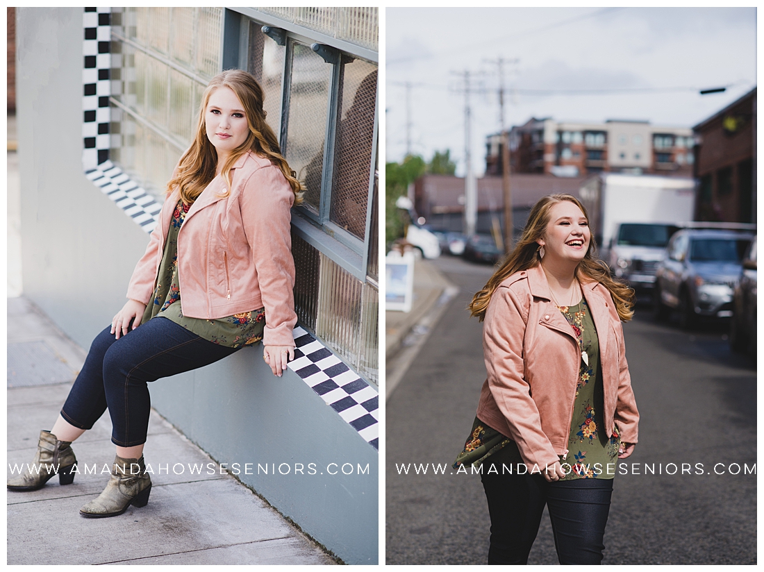 Senior Portraits on the City Streets of Tacoma with a Checkerboard Wall and Pink Jacket Photographed by Tacoma Senior Photographer Amanda Howse