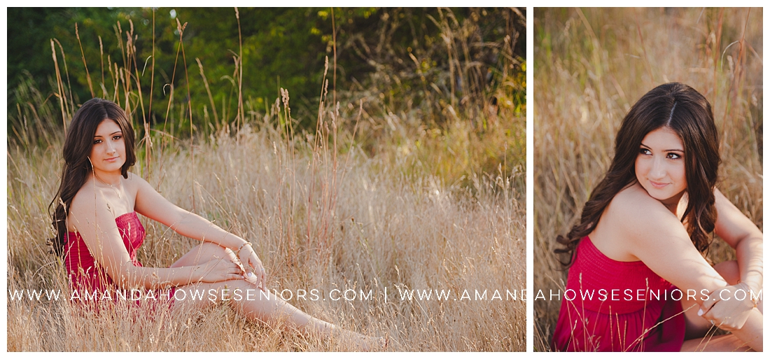 Gorgeous Senior in Tall Grass Field with Strapless Red Dress Photographed by Tacoma Senior Photographer Amanda Howse