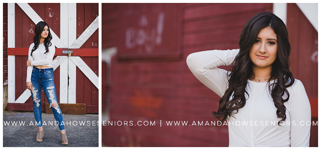 Casual Senior Portraits in front of Red Barn Doors with Casual Outfit Inspiration Ripped Jeans and Crop Top Photographed by Amanda Howse
