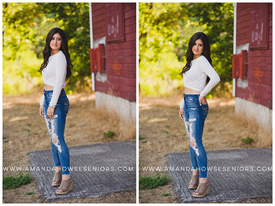 Relaxed Senior Portraits in Front of Ft. Steilacoom Red Barn with Casual Outfit Photographed by Tacoma Senior Photographer Amanda Howse