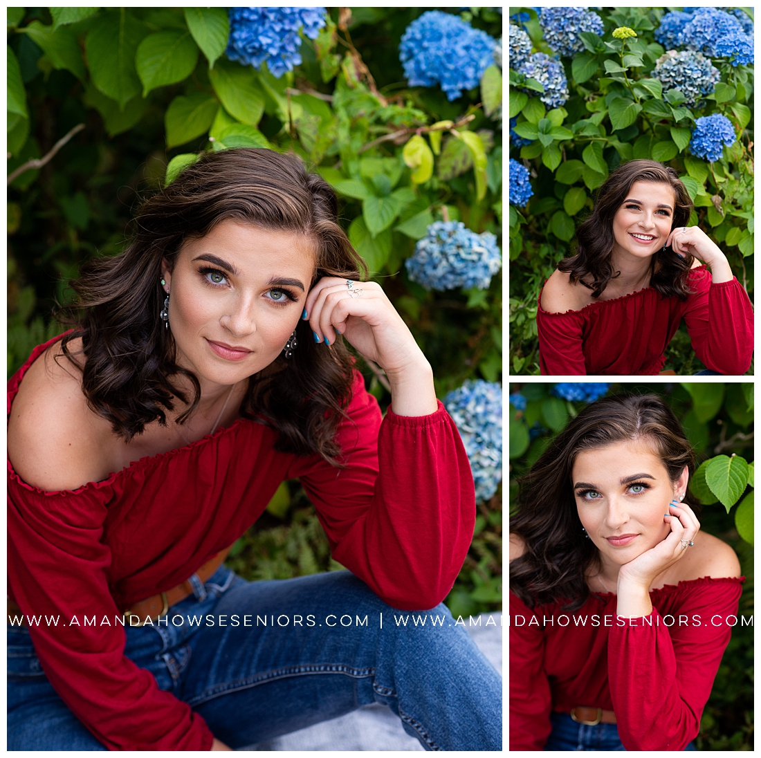 Gorgeous Senior Portraits with Off the Shoulder Top and Jeans in Hydrangea Garden by Tacoma Senior Photographer Amanda Howse