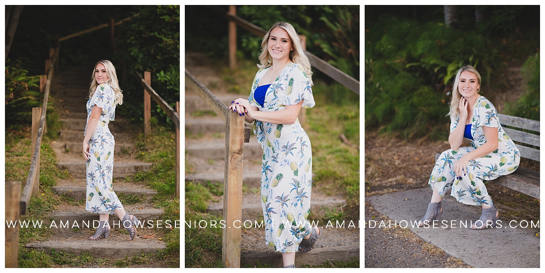 Owen Beach Summer Senior Portraits on the Steps with Thrifted Pineapple Print Dress Photographed by Tacoma Senior Photographer Amanda Howse