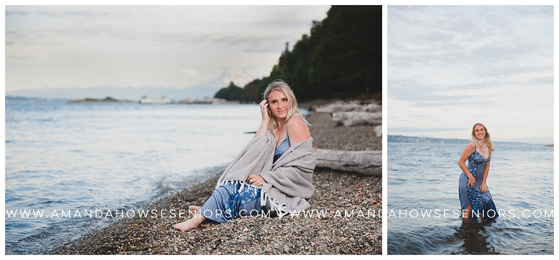 PNW Beach Portraits of Beautiful Senior with Blue Dress and Wrap Blanket Photographed by Tacoma Senior Photographer Amanda Howse