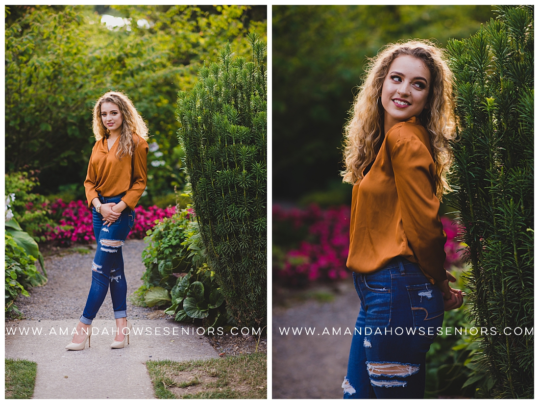 Casual & Relaxed Senior Portraits with Ripped Jeans & Mustard Top in a Rose Garden Photographed by Tacoma Senior Photographer Amanda Howse