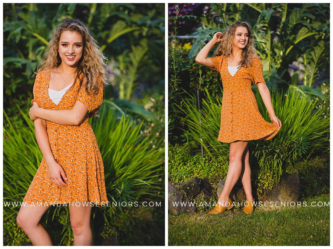 Flirty Senior Portraits with Golden Yellow Dress and Sunlight in Tacoma Garden Photographed by Amanda Howse