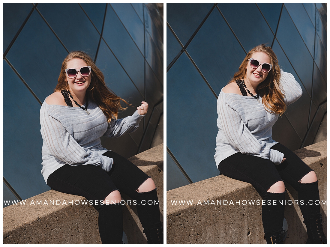 Sunny Museum of Glass Senior Portraits with Sunglasses & Casual Outfit Photographed by Tacoma Senior Photographer Amanda Howse
