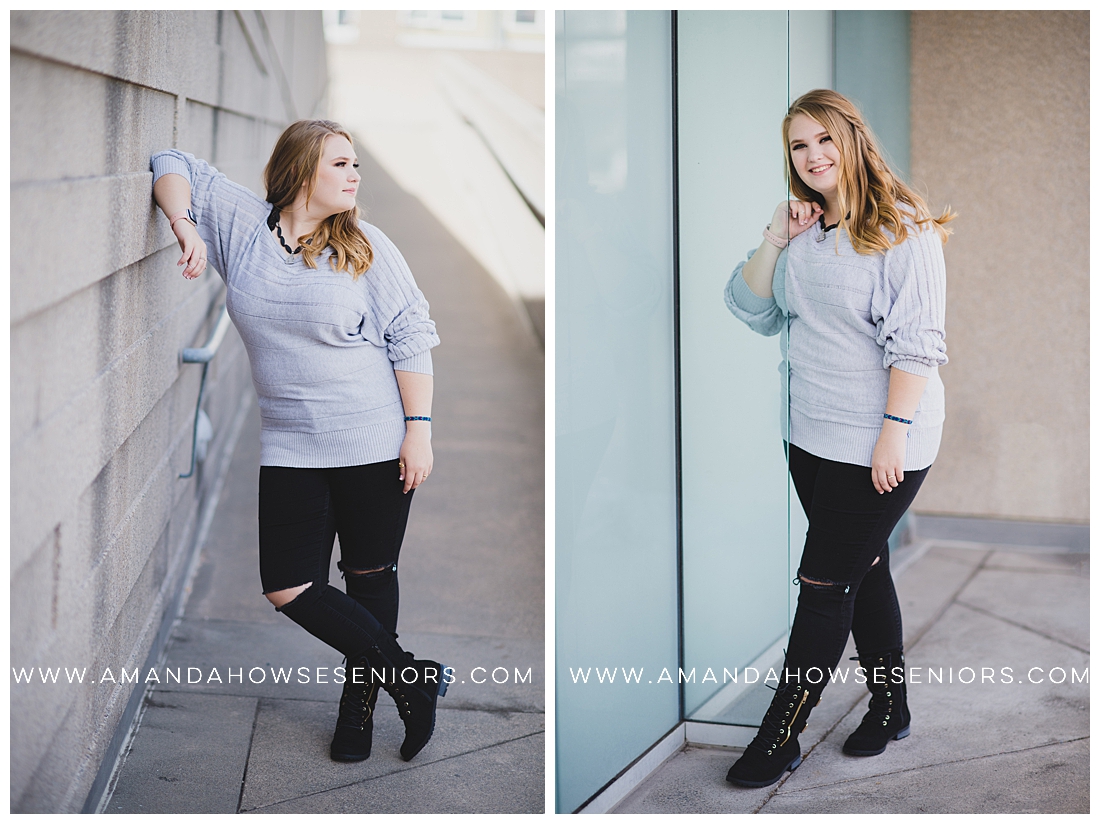 Laid-Back Senior Portrait Inspo with Grey Sweater and Black Ripped Jeans in Downtown Tacoma Photographer by Senior Photographer Amanda Howse