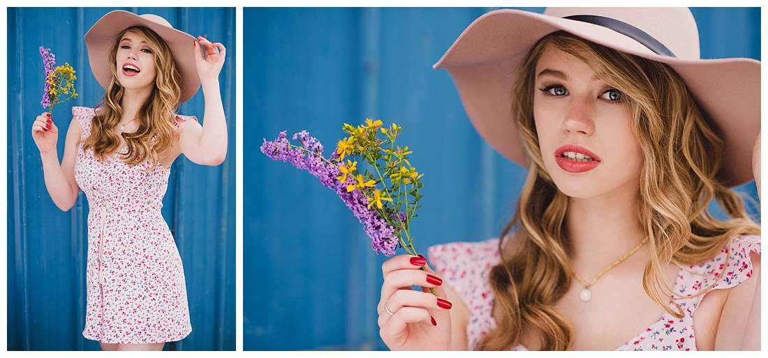 Portrait of Senior Girl in a Hat Holding a Bouquet of Wildflowers for Cute Senior Portraits by Amanda Howse 