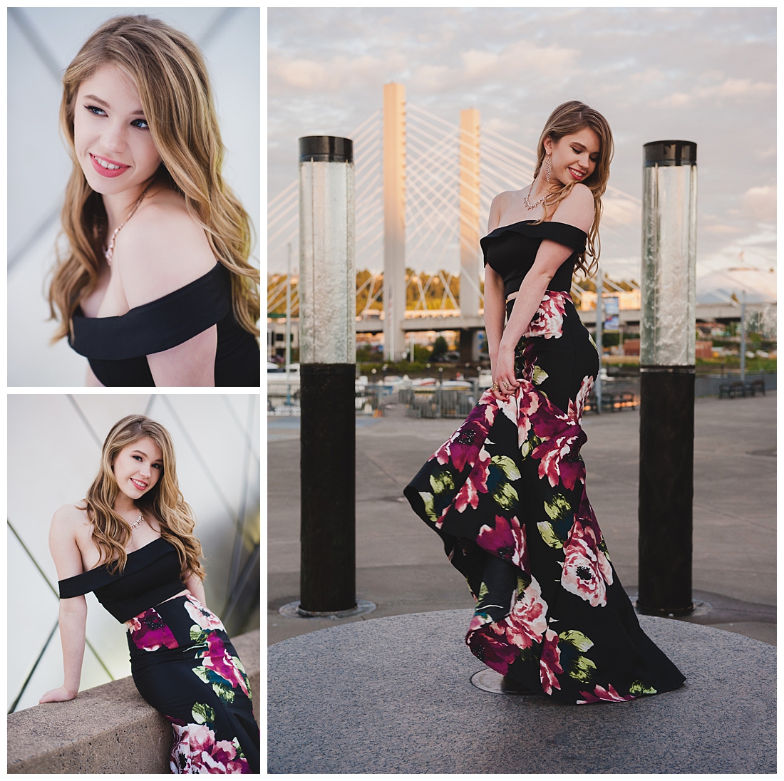 Senior Portraits with Floral Gown and Floral Print in Downtown Tacoma Photographed by Amanda Howse