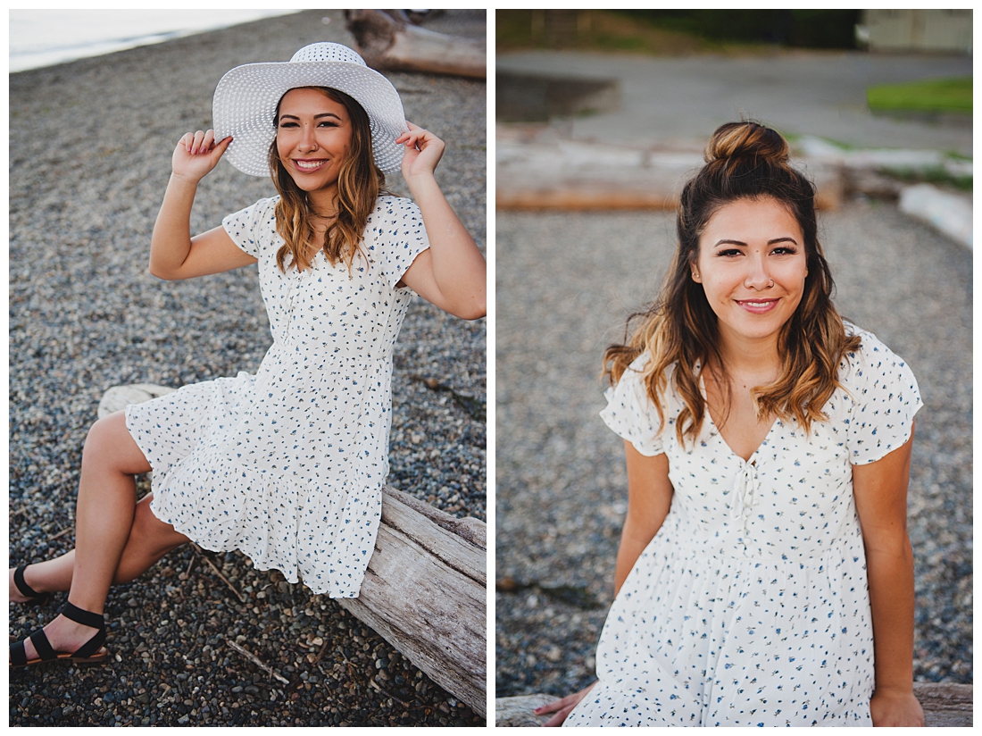 Beach Senior Portraits with Sun hat, Top knot, and Little White Dress, Photographed by Tacoma Photographer Amanda Howse