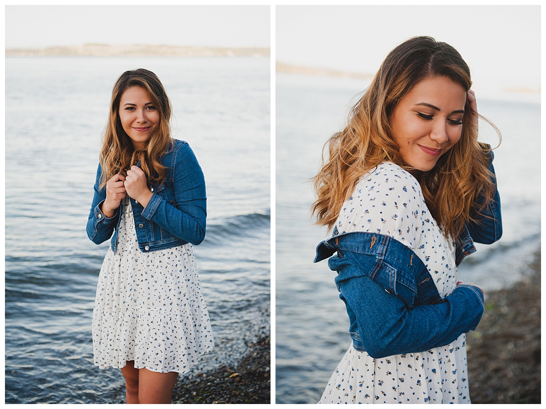 Owen Beach Senior Portraits in Point Defiance with White Dress & Jean Jacket Photographed by Tacoma Senior Photographer Amanda Howse