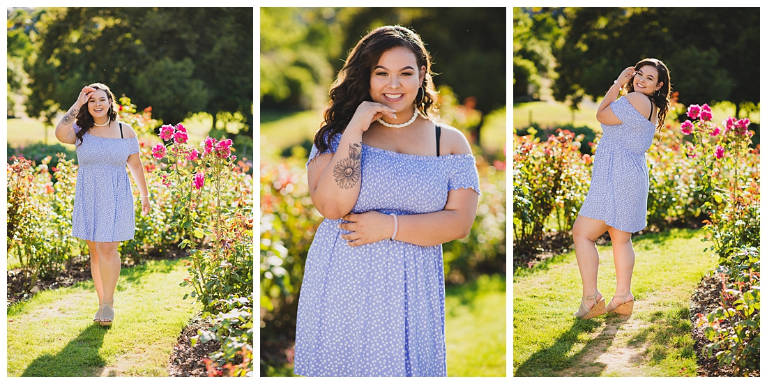 Point Defiance Rose Garden Senior Portraits with Light Blue Dress and Flower Tattoo Photographed by Tacoma Senior Photographer Amanda Howse
