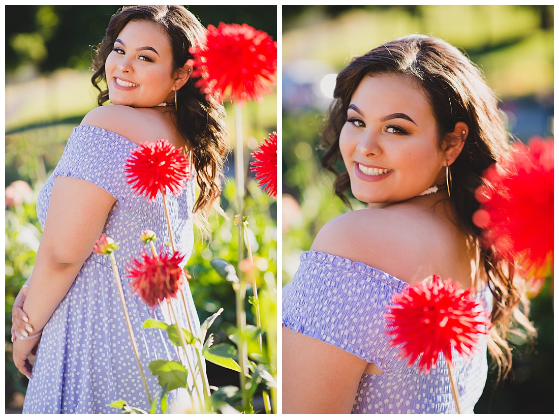 Senior Portraits in Tacoma Rose Garden with Bright Flowers Photographed by Tacoma Senior Photographer Amanda Howse