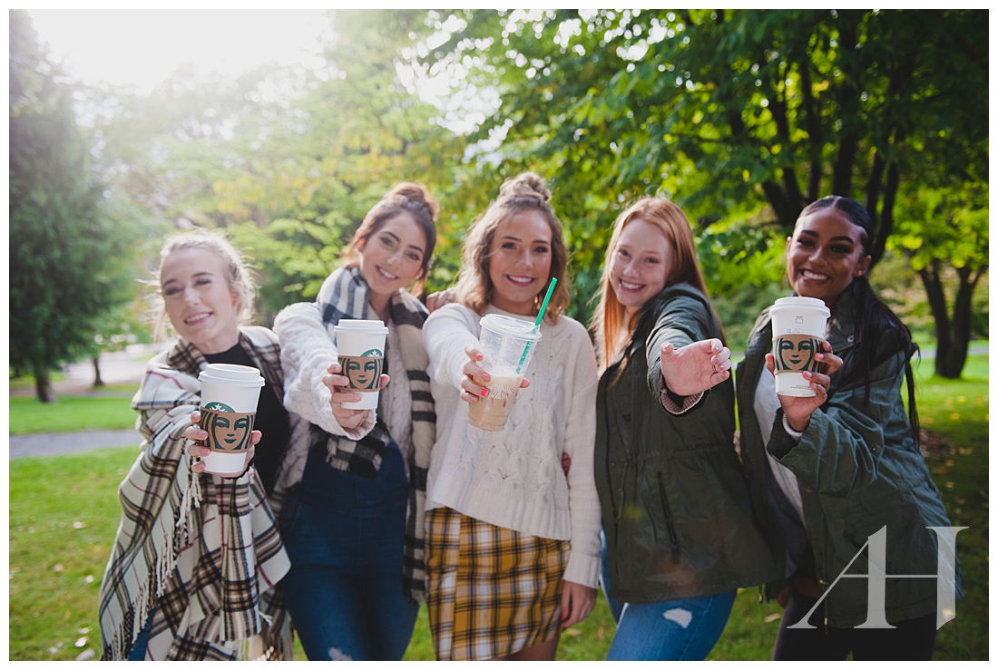 Sweet High School Girls with Cute Outfits and Starbucks Cups with Pumpkin Spice Lattes Photographed by Tacoma Senior Photographer Amanda Howse