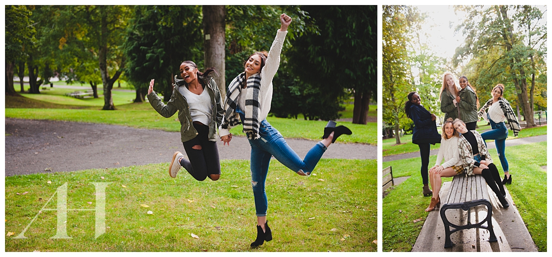 Fun Poses for Fall Senior Portraits with Girls Jumping at Wright Park Photographed by Tacoma Senior Photographer Amanda Howse