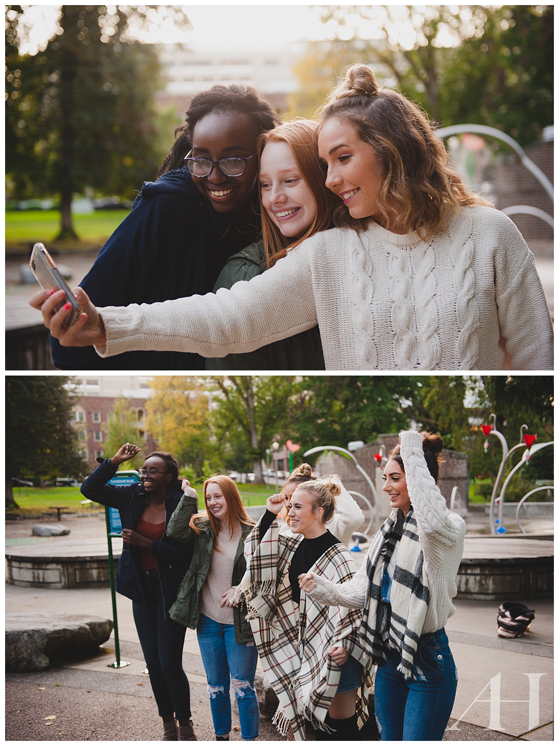 Group Session with AHP Model team taking selfies in Wright Park | Amanda Howse Photography