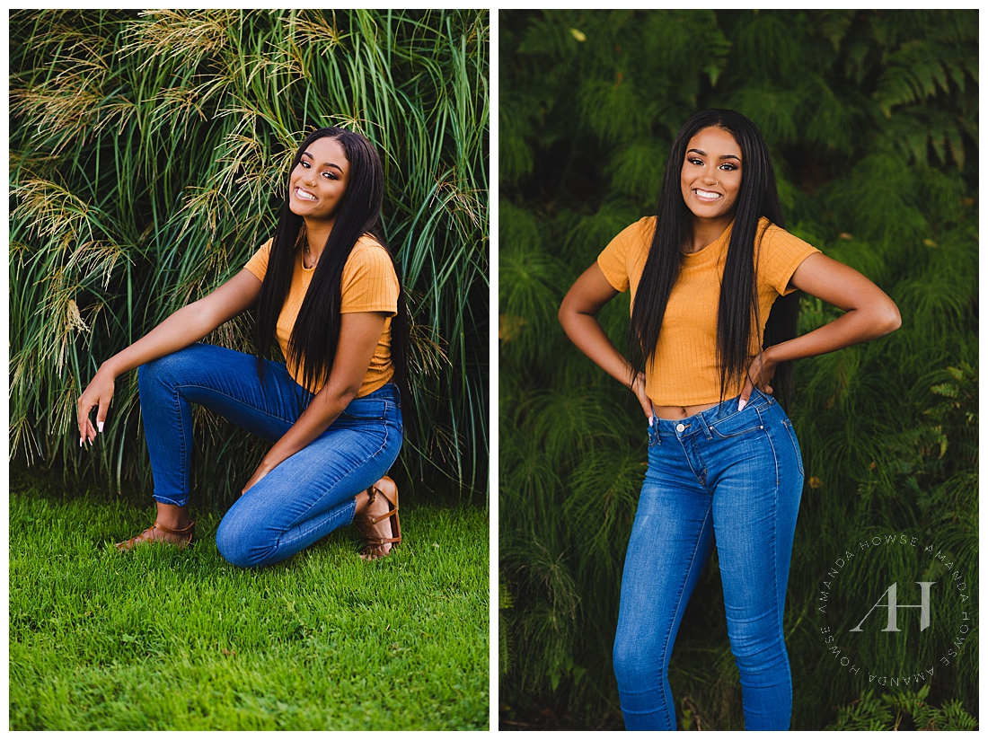 Point Defiance Garden Portraits of Beautiful Senior Girl with Jeans & Yellow Blouse photographed by Tacoma Senior Photographer Amanda Howse
