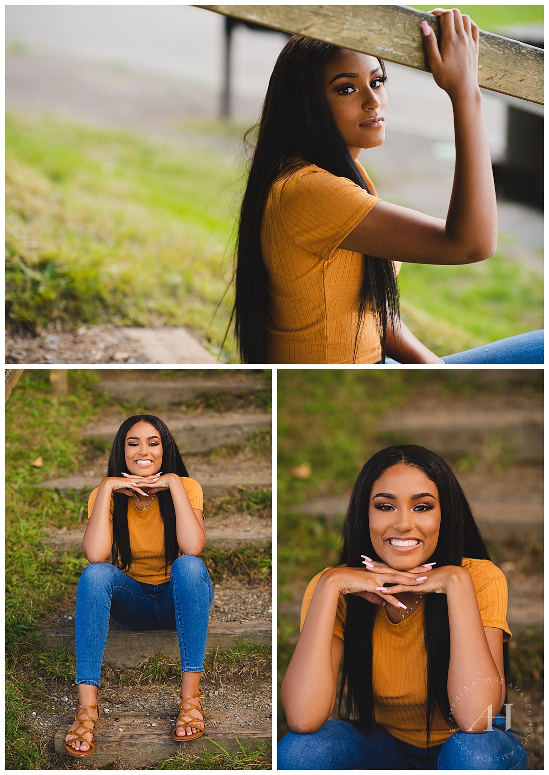 Fall-inspired senior portraits with mustard yellow top and jeans sitting on the steps in Point Defiance photographed by Tacoma senior photographer Amanda Howse
