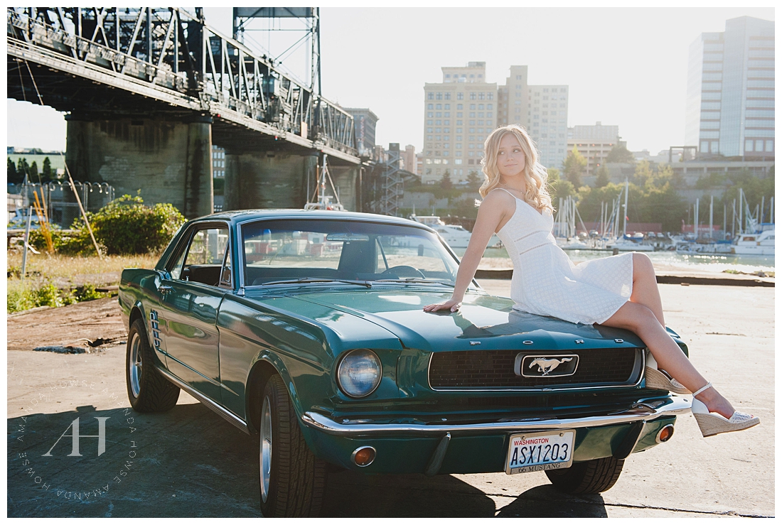 Unique Senior Portraits in Downtown Tacoma with Vintage Car photographed by Amanda Howse