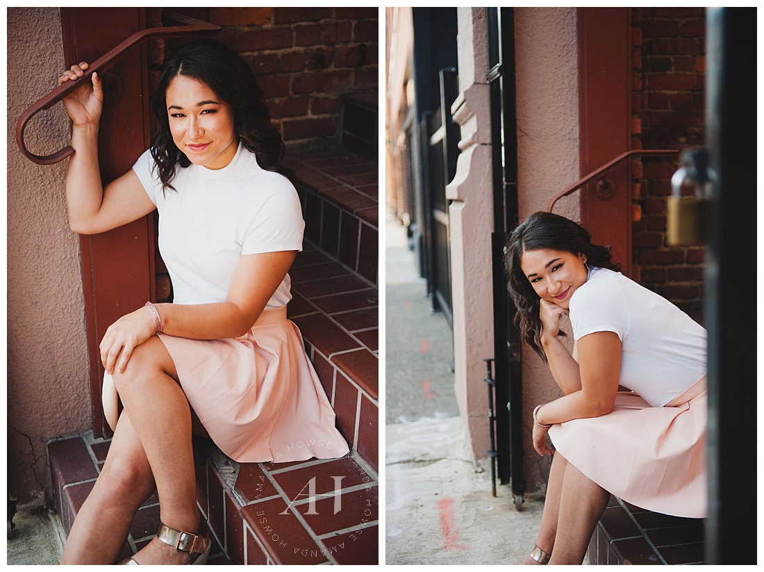 Sweet Senior Portraits with summer outfit inspiration and metallic sandals for urban portraits in Opera Alley photographed by Tacoma senior photographer Amanda Howse