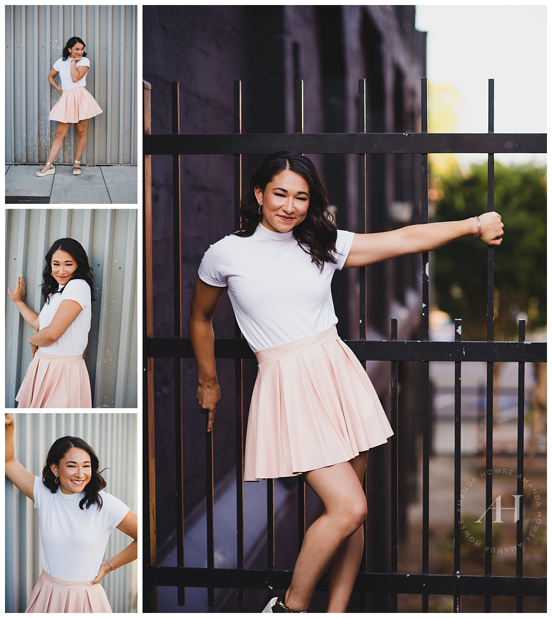 Sassy senior portraits with cute pleather skirt and blouse photographed in Opera Alley by Amanda Howse