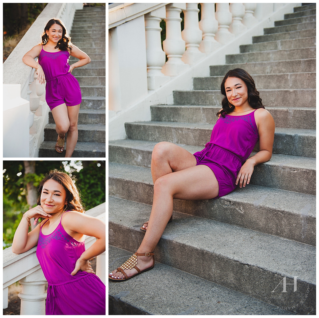 Senior Portraits on Spanish Steps with Bold purple romper and gorgeous light photographed by Tacoma Senior Photographer Amanda Howse