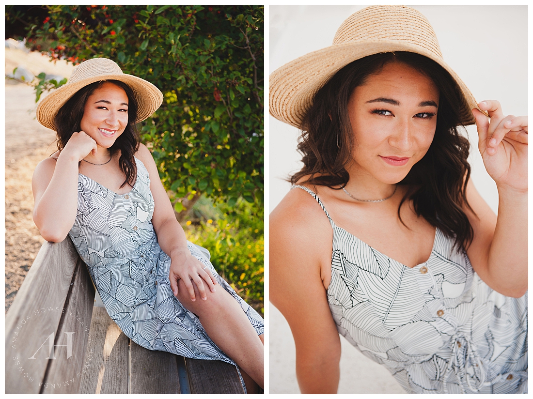 Cute summer senior portraits with sundress and hat in Owen Beach photographed by Tacoma Senior Photographer Amanda Howse