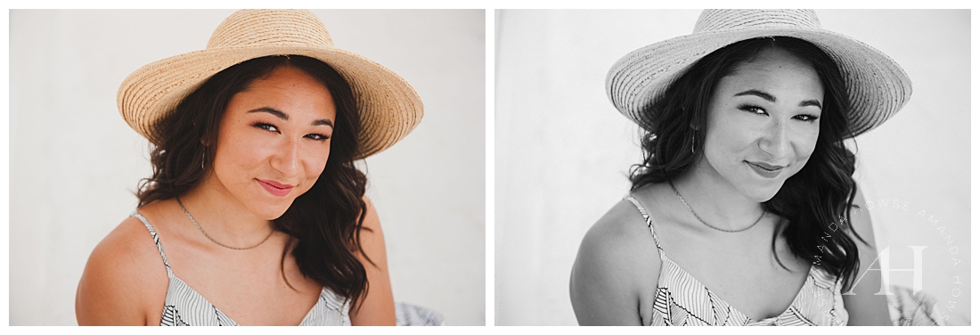 Fun Senior Portraits with Stylish hat and accessories photographed in Opera Alley by Tacoma photographer Amanda Howse