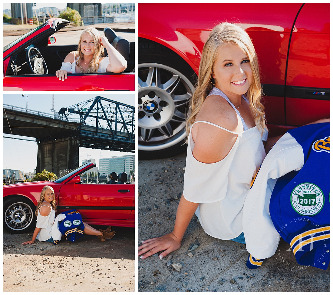 Athletic senior portraits with red BMW convertible in downtown Tacoma photographed by Senior Photographer Amanda Howse