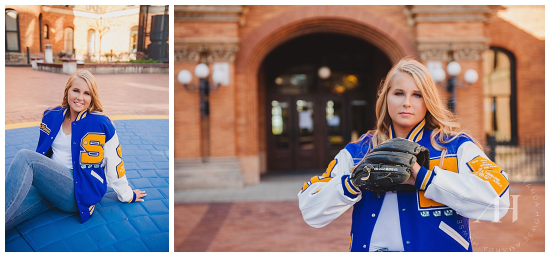 Athletic Senior Portraits with letter jacket and softball glove photographed by Amanda Howse Photography