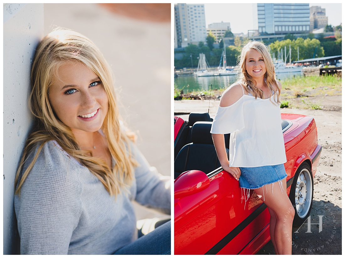 Senior Portraits in Tacoma with Red Convertible photographed by Tacoma senior photographer Amanda Howse