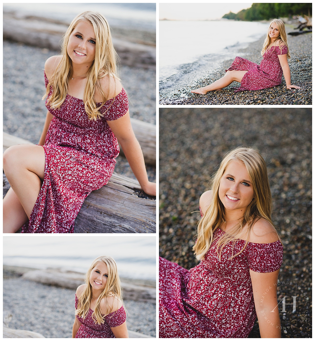 Senior Portraits on the beach with floral off the shoulder dress Photographed by Tacoma Senior Photographer Amanda Howse