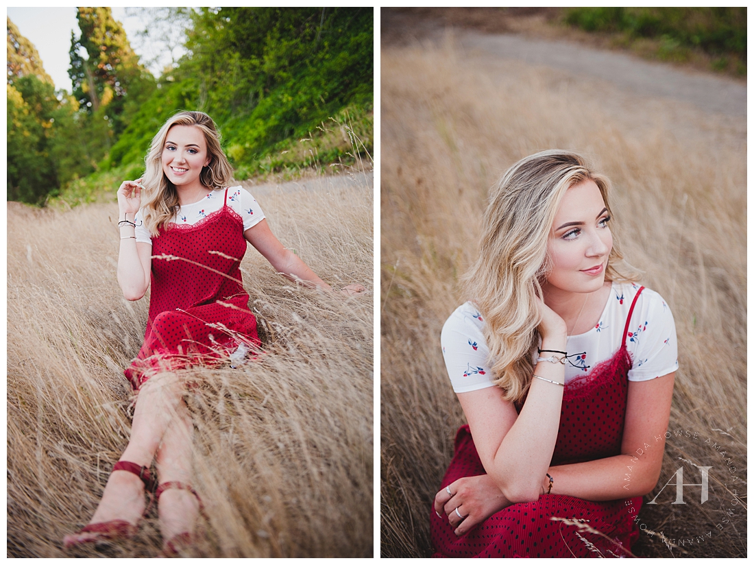 Fun Summer Senior Portraits in Fort Steilacoom with vintage outfit inspo photographed by Tacoma Senior Photographer Amadna Howse