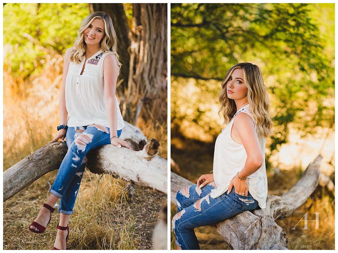 Cute woodsy senior portraits with fun style and accessories photographed by Tacoma Senior Photographer Amanda Howse