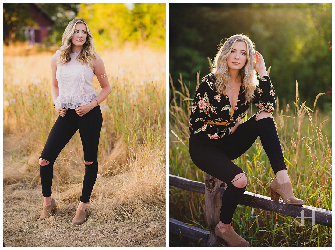 Casual Senior Portraits with Cute Summer Outfits, Ripped Jeans and Printed Blouses photographed in Fort Steilacoom Field Photographed by Tacoma Senior Photographer Amanda Howse