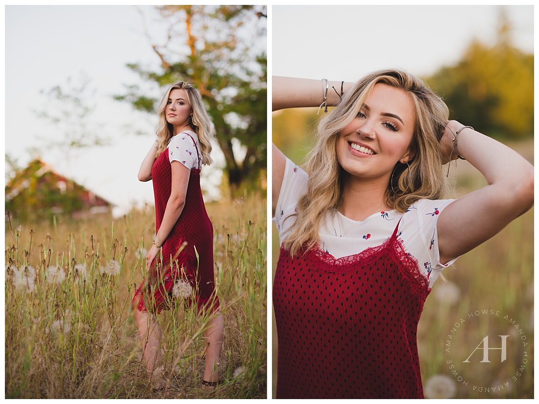 Ft Stilly Senior Portrait Session in Field of Wildflowers with Slip Dress over a T-Shirt Photographed by Tacoma Senior Photographer Amanda Howse