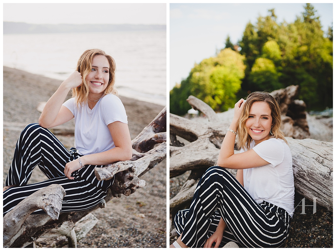 Cute senior portraits with white t-shirt and striped pants photographed by Tacoma Senior Photographer Amanda Howse