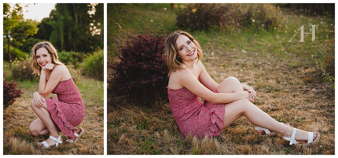 Cute Senior wearing strapless printed dress for senior portraits in Point Defiance photographed by Tacoma Senior Photographer Amanda Howse