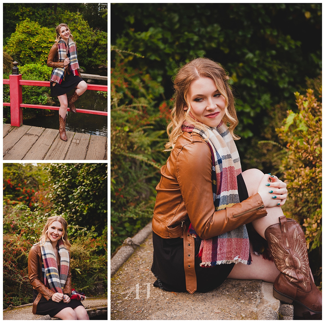 Kubota Gardens Senior Portraits with Outfit Inspo, cozy scarf and leather jacket, Photographed by Tacoma Senior Photographer Amanda Howse