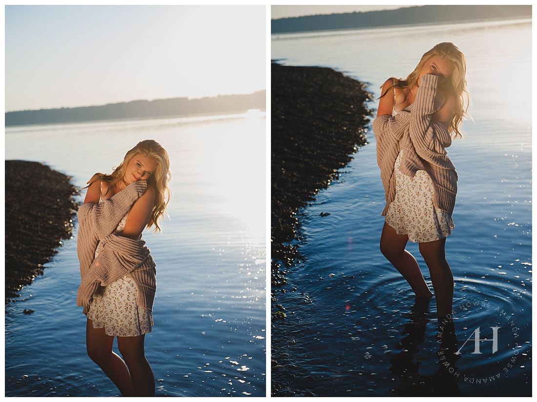 Sunset senior portraits by the water in Gig Harbor photographed by Tacoma Senior Photographer Amanda Howse