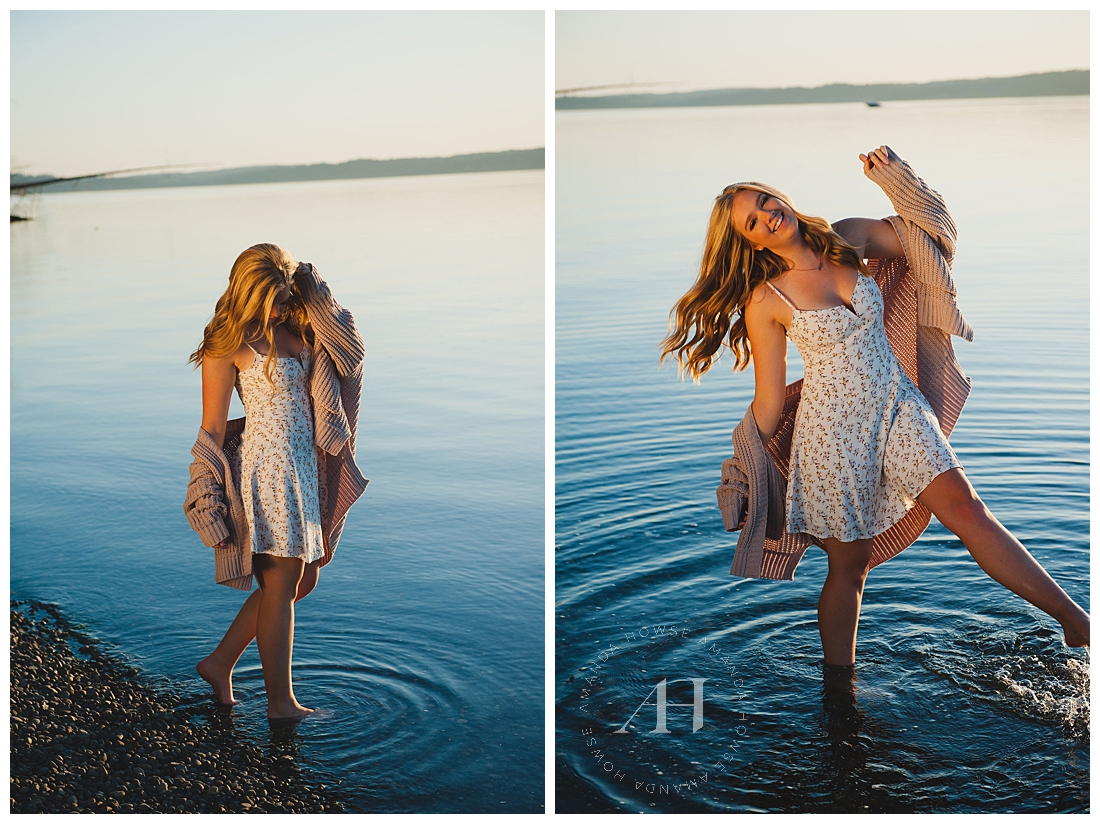 Senior Portraits playing in the Water on Gig Harbor Beach photographed by Tacoma Senior Photographer Amanda Howse