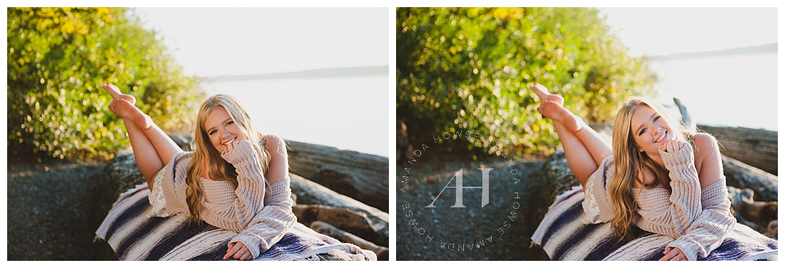 Senior Portraits in Gig Harbor on the Beach with Blanket and Cute Poses photographed by Tacoma Senior Photographer Amanda Howse