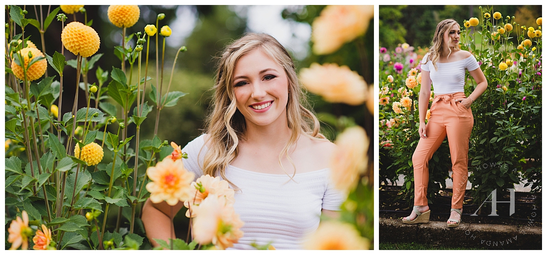 Point Defiance Senior Portraits in a Garden with Crop Top & Paperbag Pants Photographed by Amanda Howse